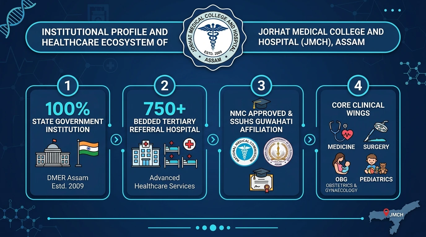 Institutional Profile and Healthcare Ecosystem Infographic of Jorhat Medical College and Hospital JMCH Assam